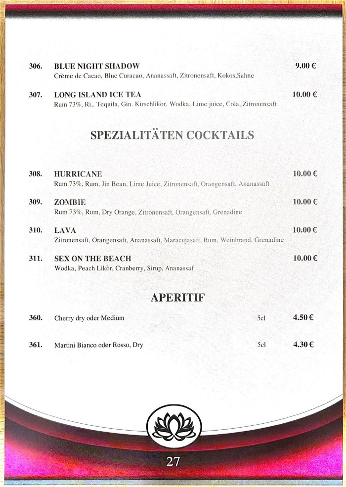 Mai Tai Speisekarte